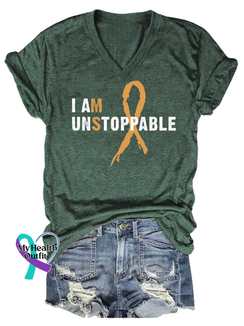 Women’s I AM UNSTOPPABLE Ms Awareness Multiple Sclerosis Warrior Multiple Sclerosis Orange Ribbon V-neck Casual T-Shirt