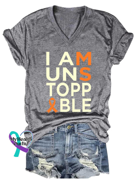 Women’s I Am Unstoppable Ms Awareness Multiple Sclerosis Warrior Multiple Sclerosis Orange Ribbon V-neck Casual T-Shirt