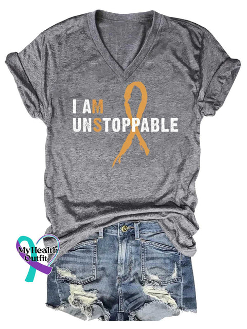 Women’s I AM UNSTOPPABLE Ms Awareness Multiple Sclerosis Warrior Multiple Sclerosis Orange Ribbon V-neck Casual T-Shirt