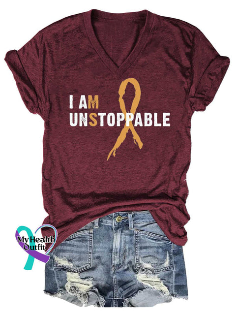 Women’s I AM UNSTOPPABLE Ms Awareness Multiple Sclerosis Warrior Multiple Sclerosis Orange Ribbon V-neck Casual T-Shirt