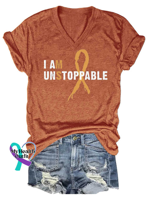 Women’s I AM UNSTOPPABLE Ms Awareness Multiple Sclerosis Warrior Multiple Sclerosis Orange Ribbon V-neck Casual T-Shirt