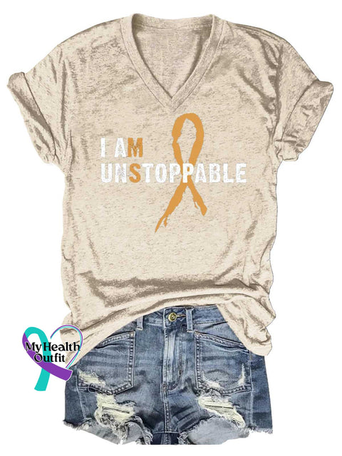Women’s I AM UNSTOPPABLE Ms Awareness Multiple Sclerosis Warrior Multiple Sclerosis Orange Ribbon V-neck Casual T-Shirt