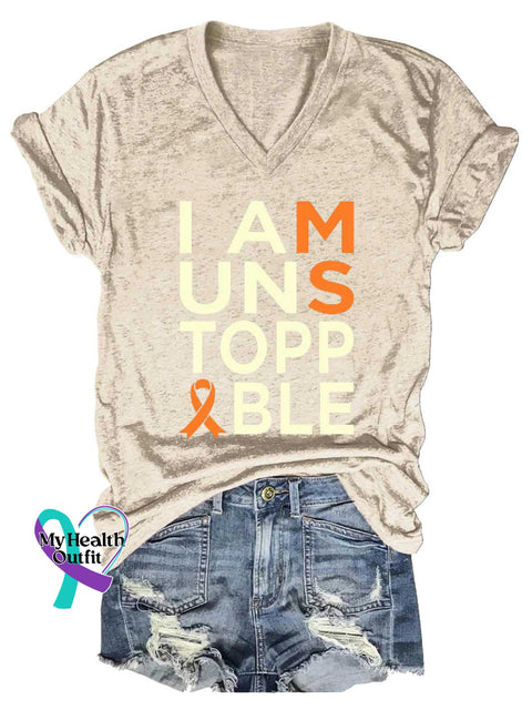 Women’s I Am Unstoppable Ms Awareness Multiple Sclerosis Warrior Multiple Sclerosis Orange Ribbon V-neck Casual T-Shirt