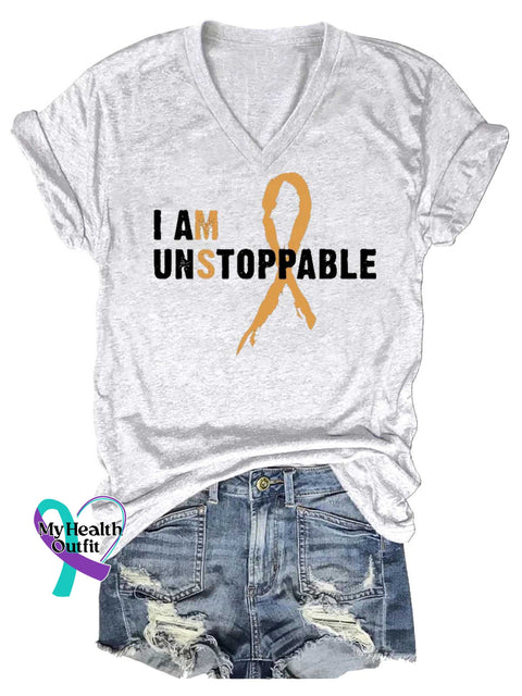 Women’s I AM UNSTOPPABLE Ms Awareness Multiple Sclerosis Warrior Multiple Sclerosis Orange Ribbon V-neck Casual T-Shirt