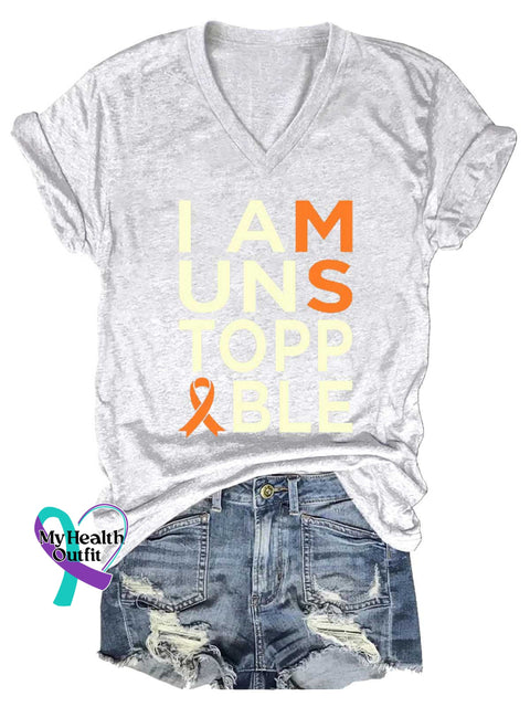 Women’s I Am Unstoppable Ms Awareness Multiple Sclerosis Warrior Multiple Sclerosis Orange Ribbon V-neck Casual T-Shirt