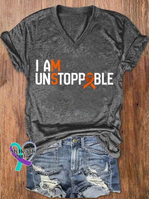 Women’s I Am Unstoppable Multiple Sclerosis Awareness Print V-Neck T-Shirt Dark Grey / S