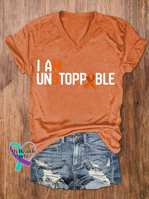 Women’s I Am Unstoppable Multiple Sclerosis Awareness Print V-Neck T-Shirt Orange / S