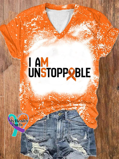Women’s I Am Unstoppable Multiple Sclerosis Awareness Tie-Dye Print V-Neck T-Shirt Orange / S