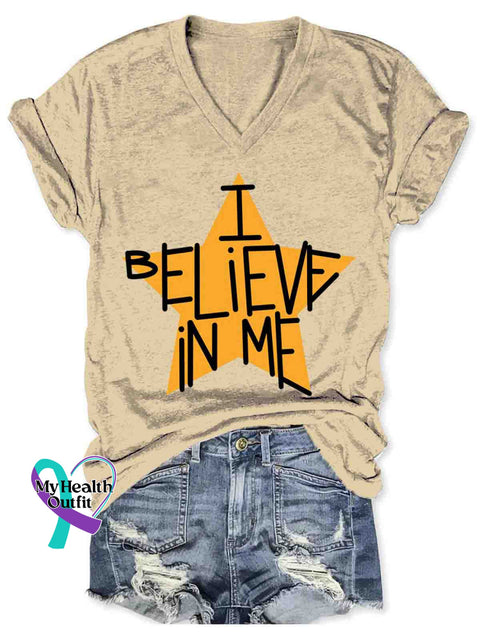 Women’s I Believe In Me Art V-neck Casual T-Shirt Apricot / S