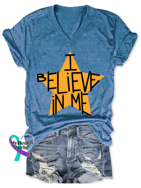 Women’s I Believe In Me Art V-neck Casual T-Shirt Blue / S