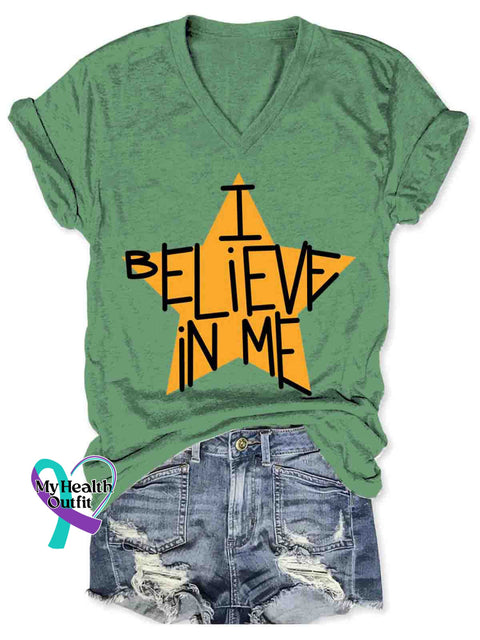 Women’s I Believe In Me Art V-neck Casual T-Shirt Green / S