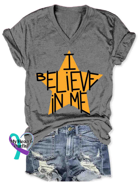 Women’s I Believe In Me Art V-neck Casual T-Shirt Grey / S