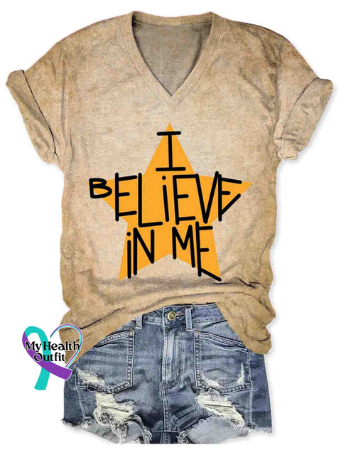 Women’s I Believe In Me Art V-neck Casual T-Shirt Khaki / S