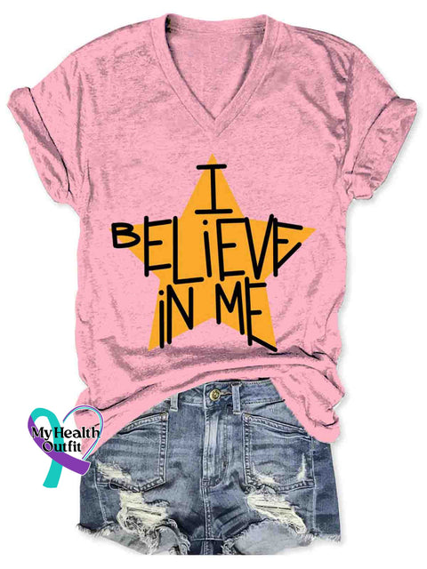 Women’s I Believe In Me Art V-neck Casual T-Shirt Pink / S