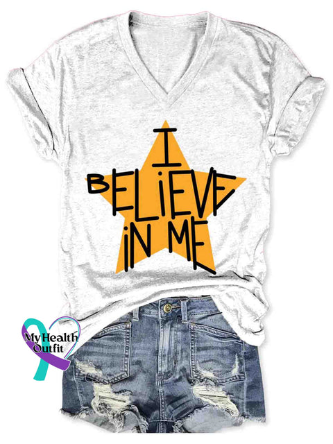 Women’s I Believe In Me Art V-neck Casual T-Shirt White / S