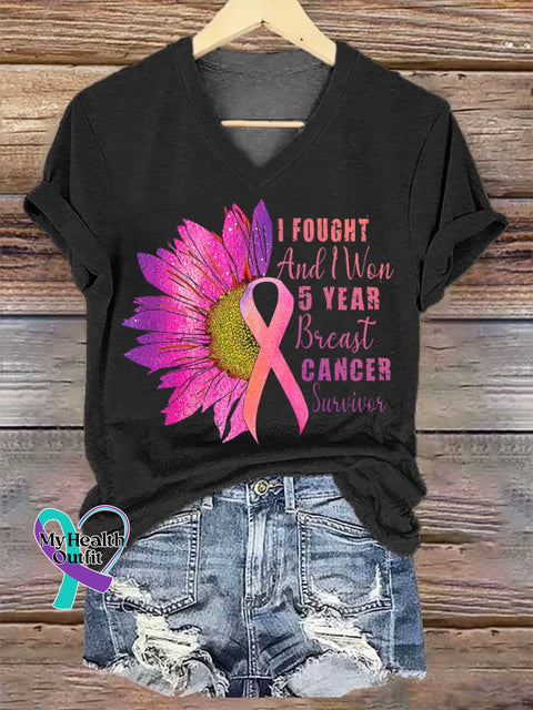 Women’s I FOUGHT And Won 5 YEAR Breast CANCER Survivor V-neck Casual T-Shirt Black / S