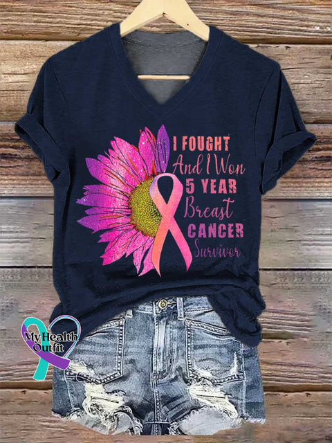 Women’s I FOUGHT And Won 5 YEAR Breast CANCER Survivor V-neck Casual T-Shirt Blue / S