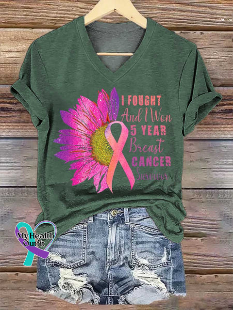 Women’s I FOUGHT And Won 5 YEAR Breast CANCER Survivor V-neck Casual T-Shirt Green / S