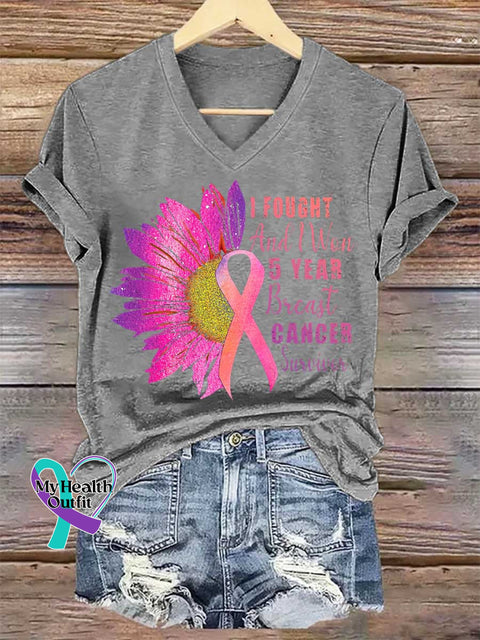 Women’s I FOUGHT And Won 5 YEAR Breast CANCER Survivor V-neck Casual T-Shirt Grey / S