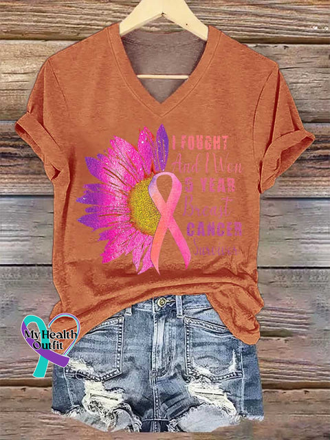 Women’s I FOUGHT And Won 5 YEAR Breast CANCER Survivor V-neck Casual T-Shirt Orange / S