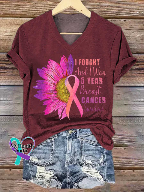 Women’s I FOUGHT And Won 5 YEAR Breast CANCER Survivor V-neck Casual T-Shirt Red / S