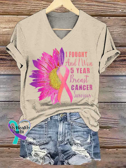 Women’s I FOUGHT And Won 5 YEAR Breast CANCER Survivor V-neck Casual T-Shirt Sand / S