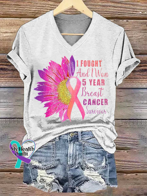Women’s I FOUGHT And Won 5 YEAR Breast CANCER Survivor V-neck Casual T-Shirt White / S