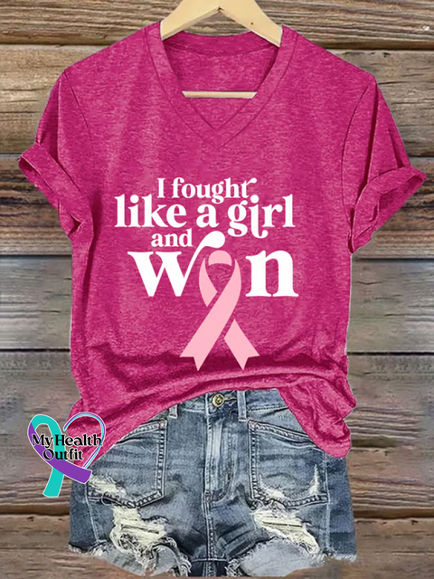 Women’s I Fought Like A Girl and Won Breast Cancer Awareness V-neck Casual T-Shirt Pink / S