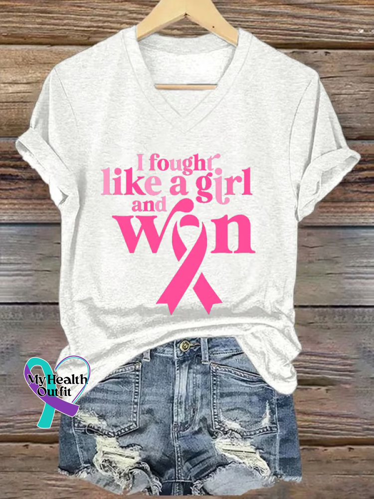 Women’s I Fought Like A Girl and Won Breast Cancer Awareness V-neck Casual T-Shirt White / S