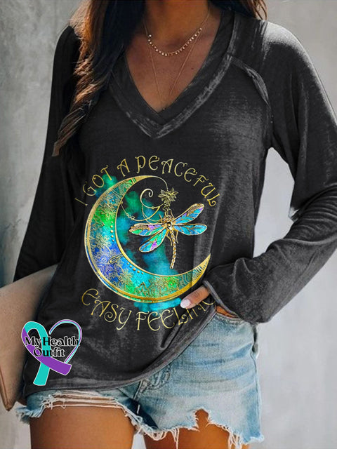Women’s I Got A Peaceful Easy Feeling Art Print Casual V-Neck Long Sleeve Top Black / S