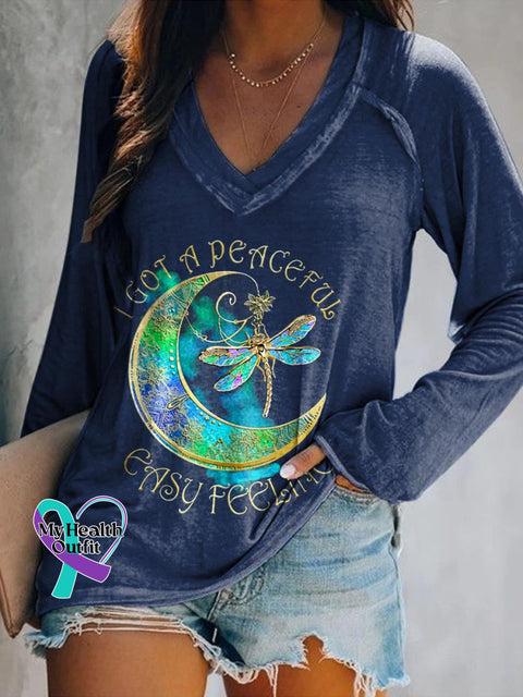 Women’s I Got A Peaceful Easy Feeling Art Print Casual V-Neck Long Sleeve Top NavyBlue / S
