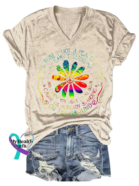 Women’s I GOT A PEACEFUL EASY FEELING Peace Sign Floral V-neck Casual T-Shirt Sand / S