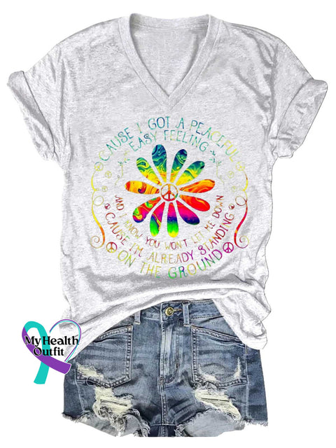 Women’s I GOT A PEACEFUL EASY FEELING Peace Sign Floral V-neck Casual T-Shirt White / S