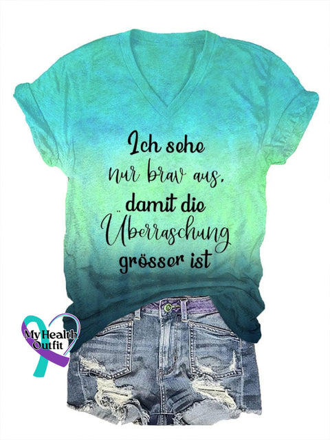 Women’s I Look Only So Brav Print V-Neck T-Shirt Blue-Green / S
