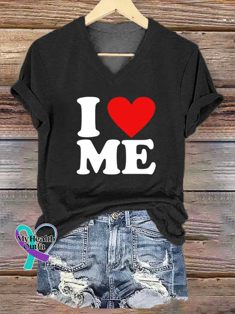 Women’s I Love Me Print V-neck Casual T-Shirt Black / S