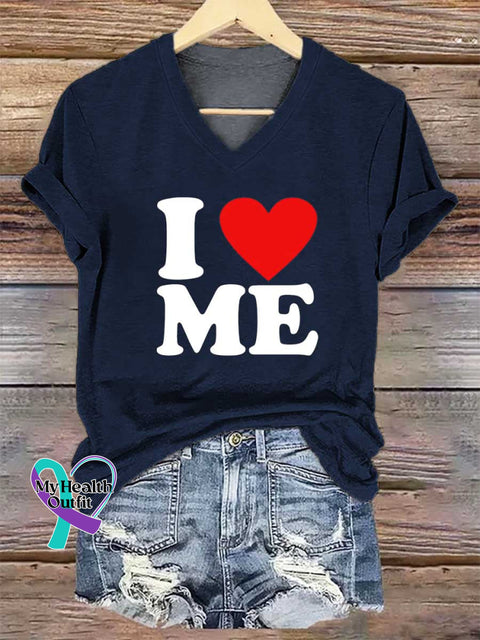 Women’s I Love Me Print V-neck Casual T-Shirt Blue / S