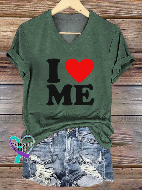 Women’s I Love Me Print V-neck Casual T-Shirt Green / S