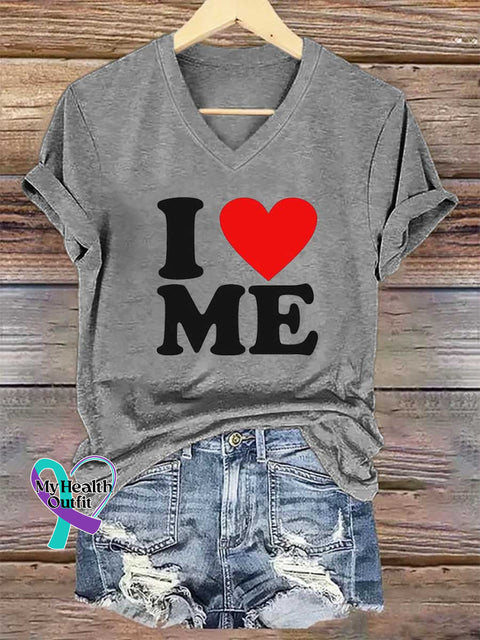 Women’s I Love Me Print V-neck Casual T-Shirt Grey / S
