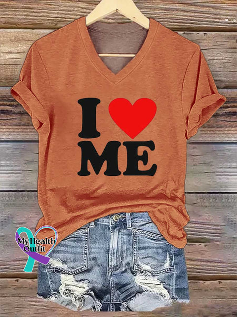 Women’s I Love Me Print V-neck Casual T-Shirt Orange / S