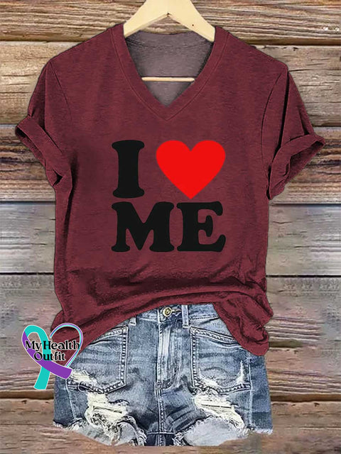 Women’s I Love Me Print V-neck Casual T-Shirt Red / S