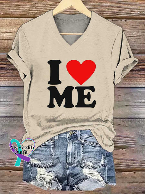 Women’s I Love Me Print V-neck Casual T-Shirt Sand / S