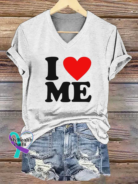 Women’s I Love Me Print V-neck Casual T-Shirt White / S