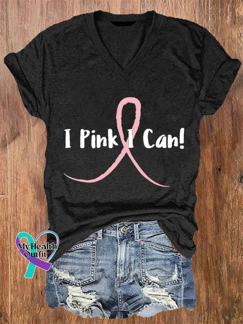 Women’s I Pink Can! Breast Cancer Print V-Neck T-Shirt Black / S