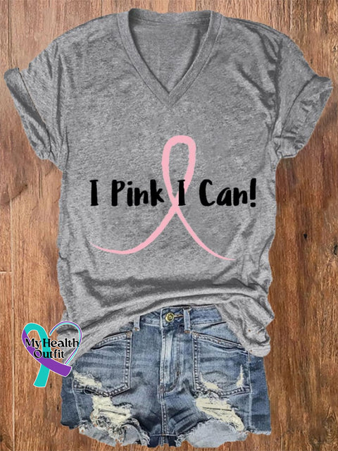 Women’s I Pink Can! Breast Cancer Print V-Neck T-Shirt Light Grey / S