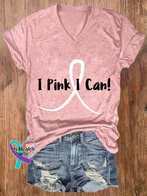 Women’s I Pink Can! Breast Cancer Print V-Neck T-Shirt / S
