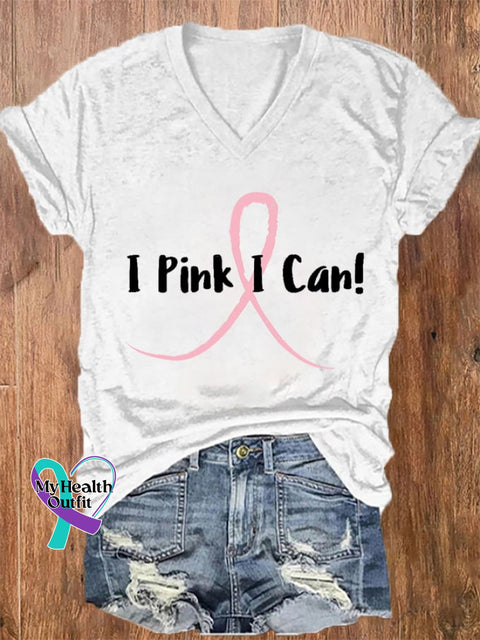 Women’s I Pink Can! Breast Cancer Print V-Neck T-Shirt White / S