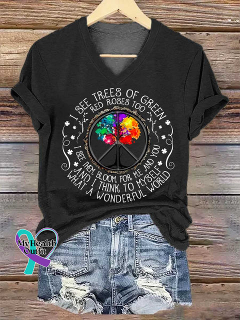 Women’s I SEE TREES OF GREEN RED ROSES TOO And I Think To Myself What A Wonderful World V-neck Casual T-Shirt Black / S