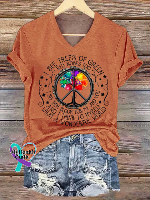 Women’s I SEE TREES OF GREEN RED ROSES TOO And I Think To Myself What A Wonderful World V-neck Casual T-Shirt Orange / S