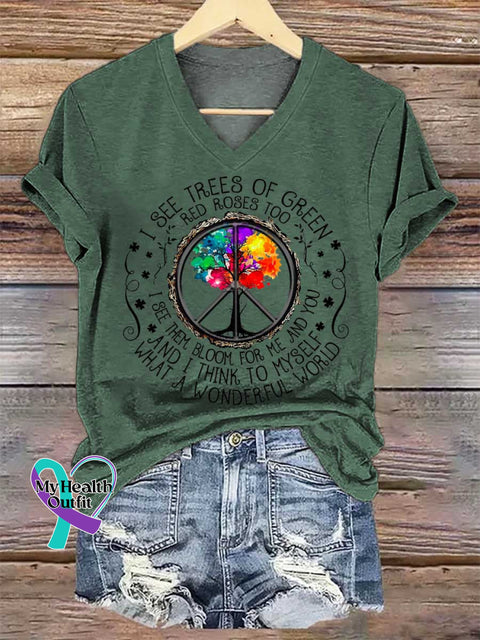 Women’s I SEE TREES OF GREEN RED ROSES TOO And I Think To Myself What A Wonderful World V-neck Casual T-Shirt Green / S