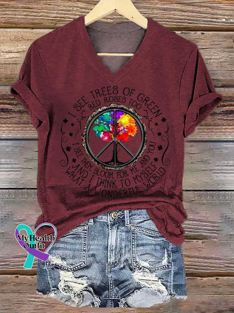Women’s I SEE TREES OF GREEN RED ROSES TOO And I Think To Myself What A Wonderful World V-neck Casual T-Shirt Red / S